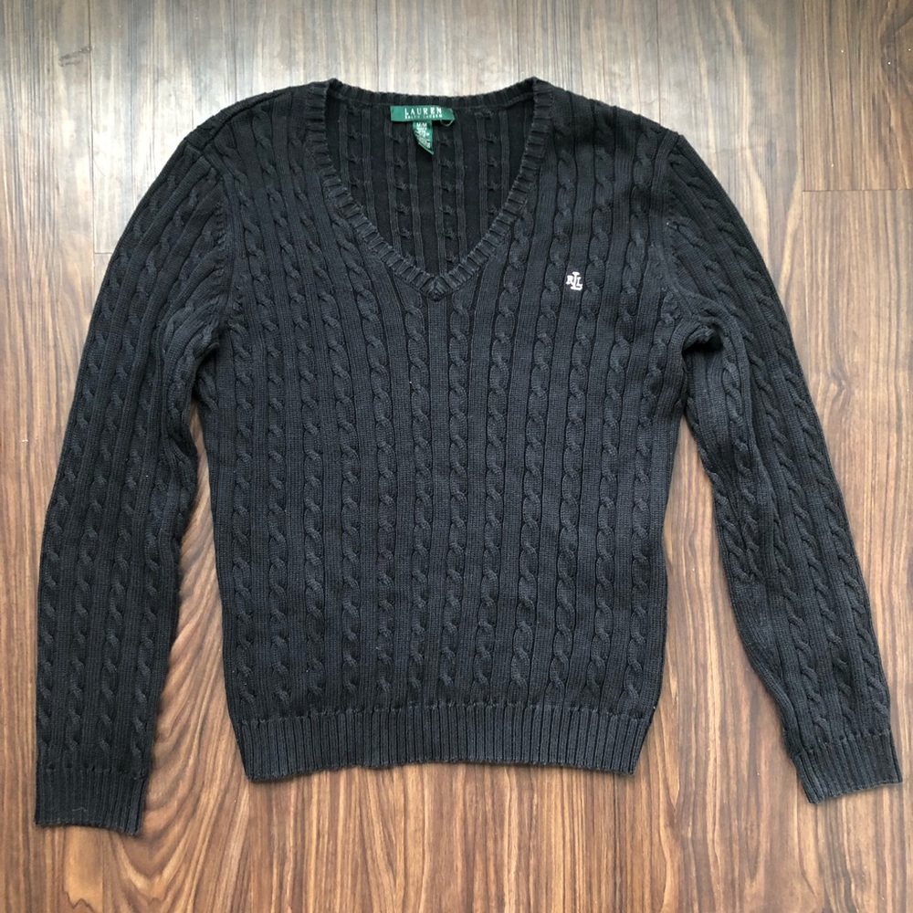 Ralph Lauren Black Cotton Cable Knit V-Neck Sweater